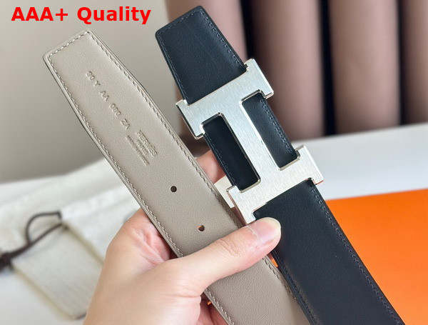 Hermes H Guillochee Belt Buckle Reversible Leather Strap 38mm Light Grey and Black Box Calfskin Replica