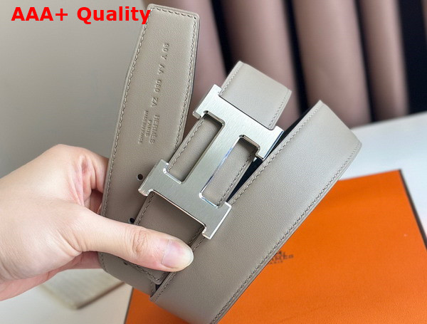 Hermes H Guillochee Belt Buckle Reversible Leather Strap 38mm Light Grey and Black Box Calfskin Replica
