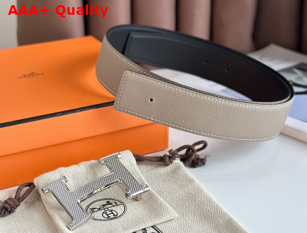 Hermes H Guillochee Belt Buckle Reversible Leather Strap 38mm Light Grey and Black Epsom Calfskin Replica