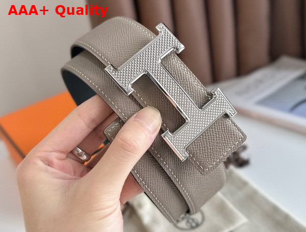 Hermes H Guillochee Belt Buckle Reversible Leather Strap 38mm Light Grey and Black Epsom Calfskin Replica