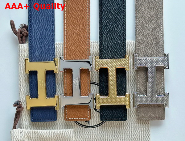 Hermes H Guillochee Belt Buckle Reversible Leather Strap 38mm Light Grey and Black Epsom Calfskin Replica