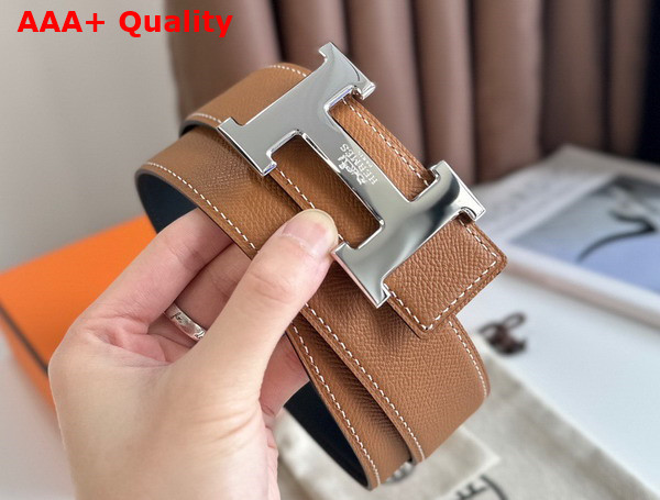 Hermes H Guillochee Belt Buckle Reversible Leather Strap 38mm Tan Epsom Calfskin Replica