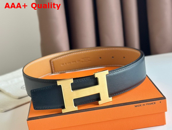Hermes H Guillochee Belt Buckle Reversible Leather Strap 38mm Tan and Black Box Calfskin Replica