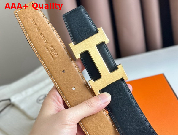 Hermes H Guillochee Belt Buckle Reversible Leather Strap 38mm Tan and Black Box Calfskin Replica