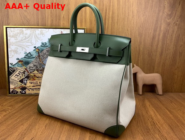 Hermes Hac Birkin 40 Handbag in Beige Canvas and Green Swift Calfskin Replica