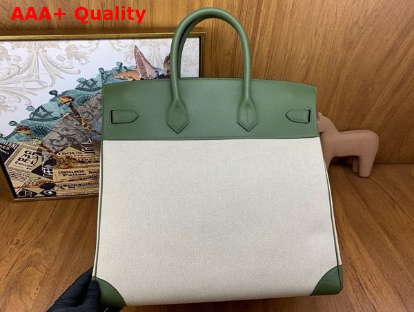 Hermes Hac Birkin 40 Handbag in Beige Canvas and Green Swift Calfskin Replica