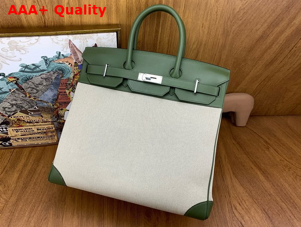 Hermes Hac Birkin 40 Handbag in Beige Canvas and Green Swift Calfskin Replica