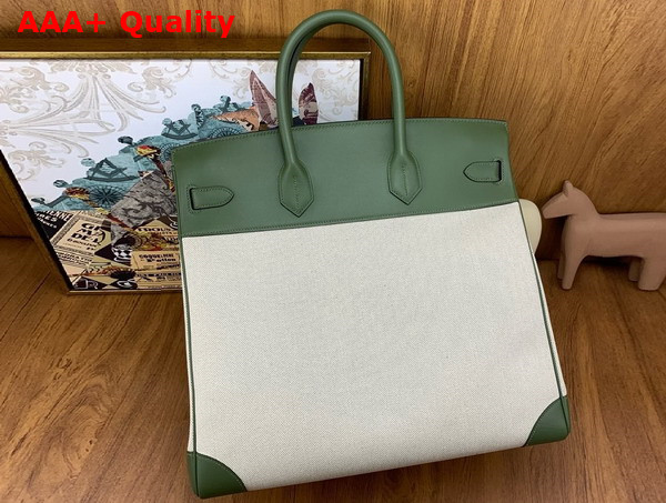Hermes Hac Birkin 40 Handbag in Beige Canvas and Green Swift Calfskin Replica