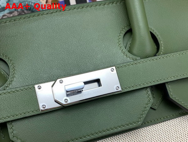 Hermes Hac Birkin 40 Handbag in Beige Canvas and Green Swift Calfskin Replica