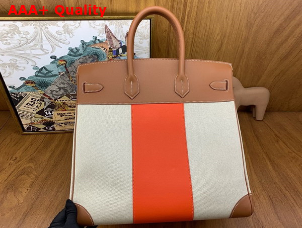 Hermes Hac Birkin 40 Handbag in Beige Canvas and Tan Swift Calfskin with Orange Leather Patchwork Replica