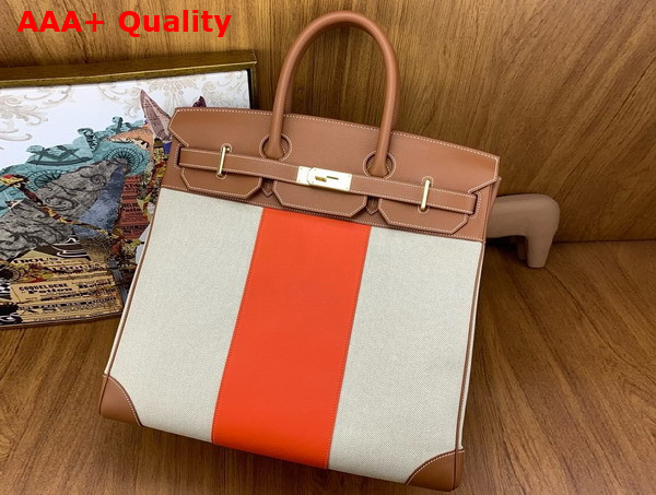 Hermes Hac Birkin 40 Handbag in Beige Canvas and Tan Swift Calfskin with Orange Leather Patchwork Replica