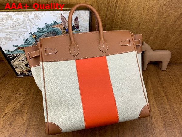 Hermes Hac Birkin 40 Handbag in Beige Canvas and Tan Swift Calfskin with Orange Leather Patchwork Replica