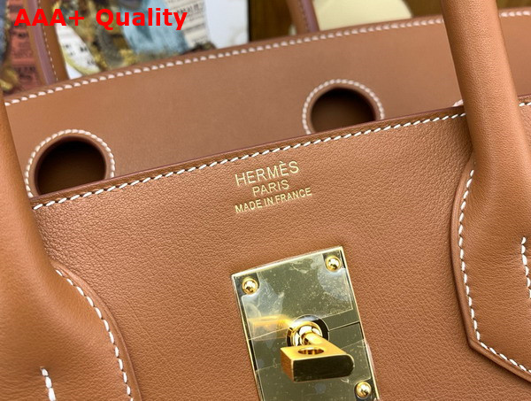 Hermes Hac Birkin 40 Handbag in Beige Canvas and Tan Swift Calfskin with Orange Leather Patchwork Replica