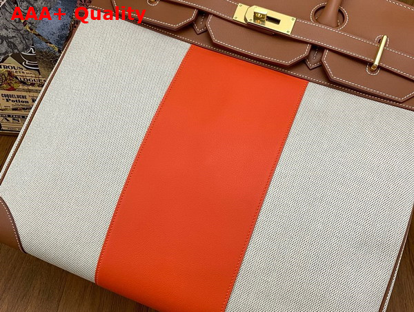Hermes Hac Birkin 40 Handbag in Beige Canvas and Tan Swift Calfskin with Orange Leather Patchwork Replica