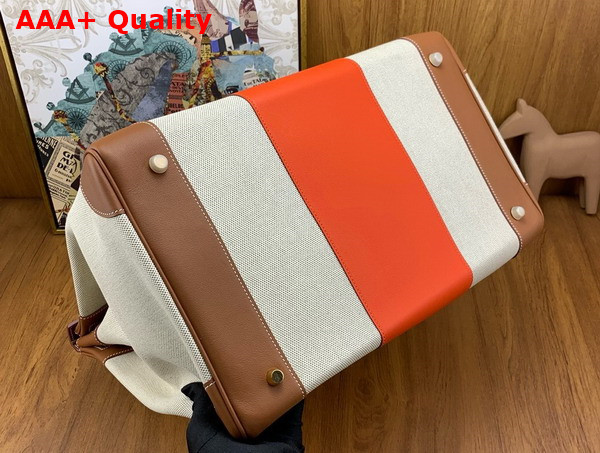 Hermes Hac Birkin 40 Handbag in Beige Canvas and Tan Swift Calfskin with Orange Leather Patchwork Replica