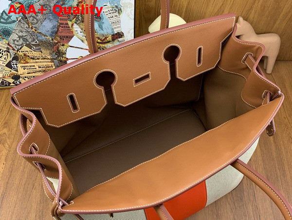 Hermes Hac Birkin 40 Handbag in Beige Canvas and Tan Swift Calfskin with Orange Leather Patchwork Replica