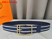 Hermes Half Cod Riviera 38 Reversible Leather Belt Blue and Ecru Epsom Calfskin and Canvas Replica