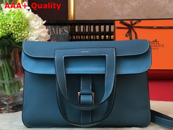Hermes Halzan 31 Bag in Blue Taurillon Clemence Leather Replica