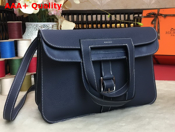 Hermes Halzan 31 Bag in Navy Blue Taurillon Clemence Leather Replica