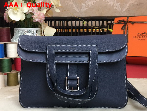 Hermes Halzan 31 Bag in Navy Blue Taurillon Clemence Leather Replica