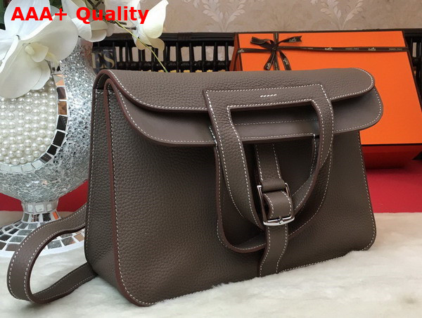 Hermes Halzan 31 Bag in Taupe Taurillon Clemence Leather Replica