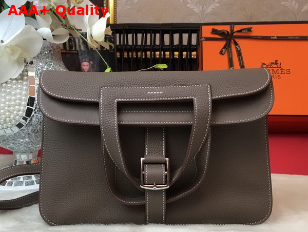 Hermes Halzan 31 Bag in Taupe Taurillon Clemence Leather Replica
