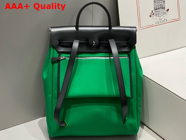 Hermes Herbag A Dos Zip Backpack in Green Canvas and Black Calfskin Replica