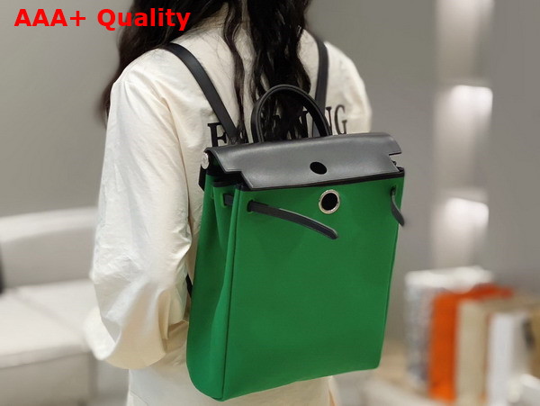 Hermes Herbag A Dos Zip Backpack in Green Canvas and Black Calfskin Replica