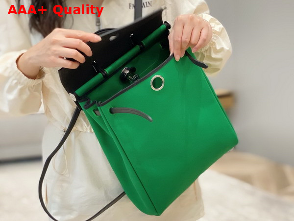 Hermes Herbag A Dos Zip Backpack in Green Canvas and Black Calfskin Replica