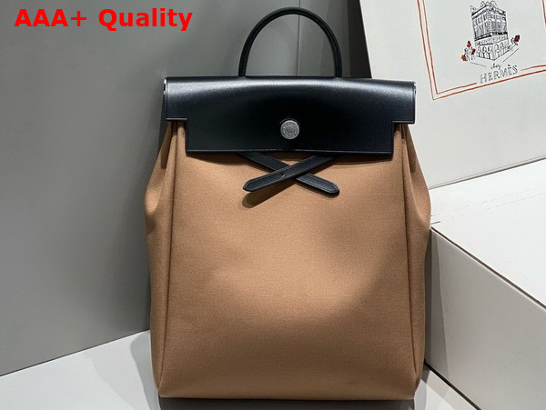 Hermes Herbag A Dos Zip Backpack in Light Brown Canvas and Black Calfskin Replica