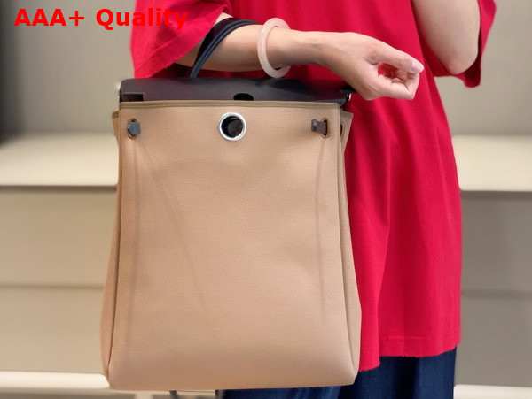 Hermes Herbag A Dos Zip Backpack in Light Brown Canvas and Black Calfskin Replica