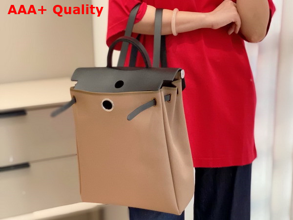Hermes Herbag A Dos Zip Backpack in Light Brown Canvas and Black Calfskin Replica