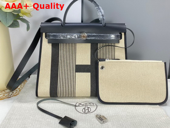 Hermes Herbag Zip 31 Bag Black Striped Canvas and Cowhide Leather Replica
