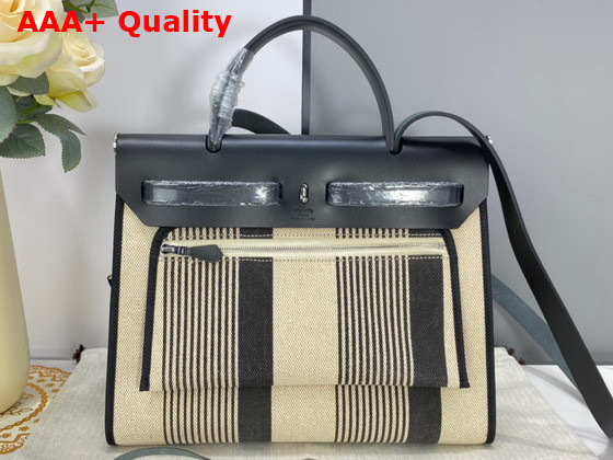 Hermes Herbag Zip 31 Bag Black Striped Canvas and Cowhide Leather Replica
