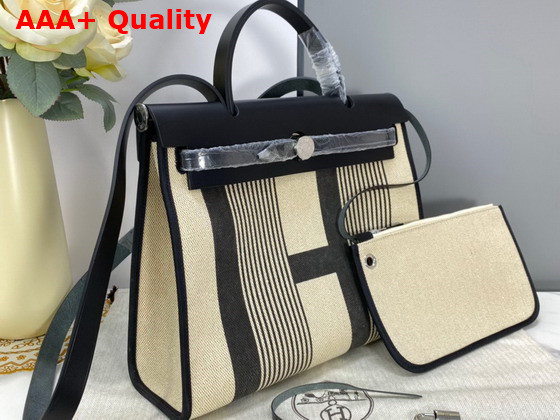 Hermes Herbag Zip 31 Bag Black Striped Canvas and Cowhide Leather Replica