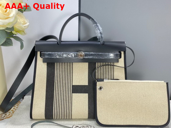 Hermes Herbag Zip 31 Bag Black Striped Canvas and Cowhide Leather Replica