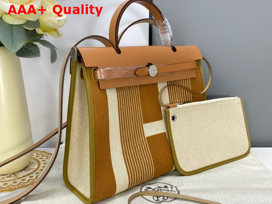 Hermes Herbag Zip 31 Bag Brown Striped Canvas and Natural Cowhide Replica