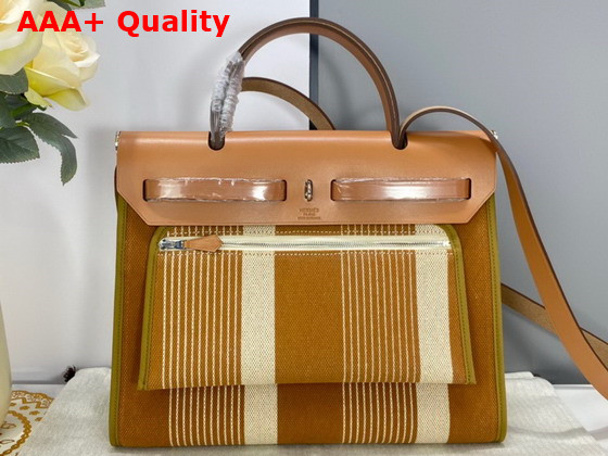 Hermes Herbag Zip 31 Bag Brown Striped Canvas and Natural Cowhide Replica