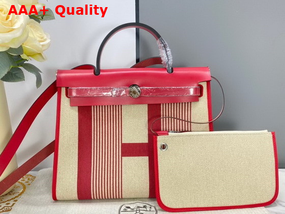 Hermes Herbag Zip 31 Bag Red Striped Canvas and Cowhide Leather Replica