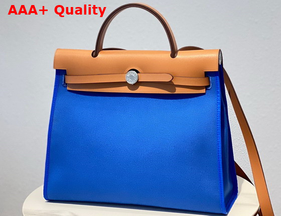 Hermes Herbag Zip 31 Bag in Bright Blue Canvas and Natural Cowhide Leather Replica