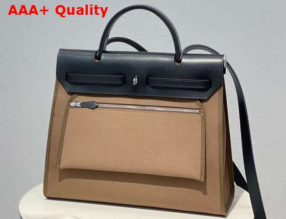 Hermes Herbag Zip 31 Bag in Gray Canvas and Black Cowhide Leather Replica