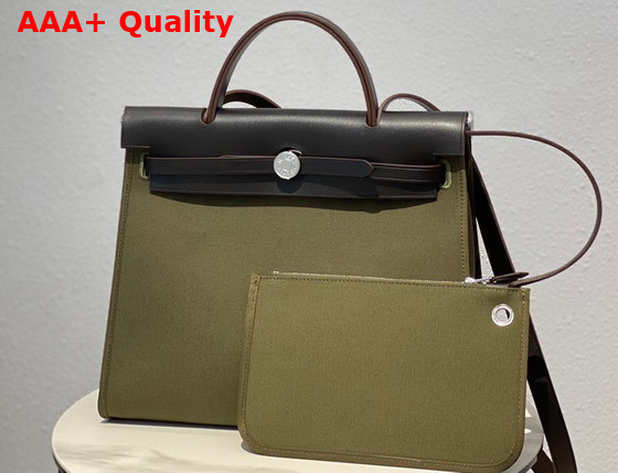 Hermes Herbag Zip 31 Bag in Khaki Canvas and Black Cowhide Leather Replica