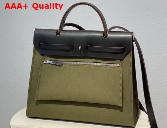 Hermes Herbag Zip 31 Bag in Khaki Canvas and Black Cowhide Leather Replica