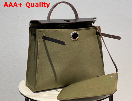 Hermes Herbag Zip 31 Bag in Khaki Canvas and Black Cowhide Leather Replica