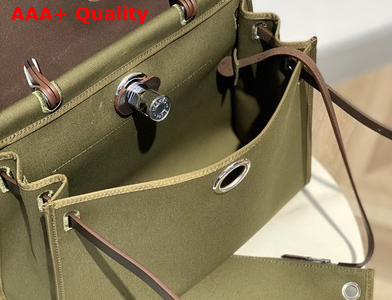 Hermes Herbag Zip 31 Bag in Khaki Canvas and Black Cowhide Leather Replica