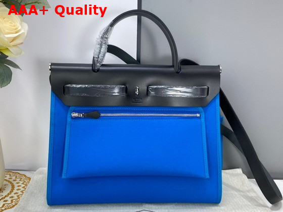 Hermes Herbag Zip 31 Bag in Military Canvas and Hunter Cowhide Bright Blue and Black Replica