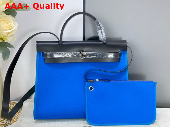 Hermes Herbag Zip 31 Bag in Military Canvas and Hunter Cowhide Bright Blue and Black Replica