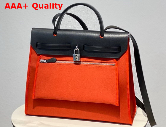 Hermes Herbag Zip 31 Bag in Orange Canvas and Black Cowhide Leather Replica