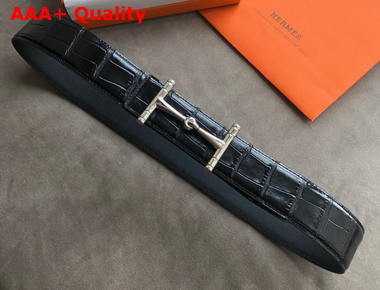 Hermes Hippique Belt Buckle and Leather Strap 38 mm Black Crocodile Leather Replica