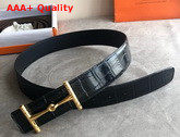 Hermes Hippique Belt Buckle and Leather Strap 38 mm Black Crocodile Leather Replica